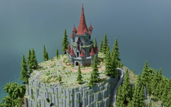 Red Medieval Castle with Palms